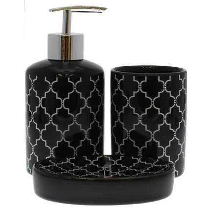 Set De Baño Pacific Club 3 Pzas Dispensador De Jabon Vaso Y Jabonera Negro Y Dorado