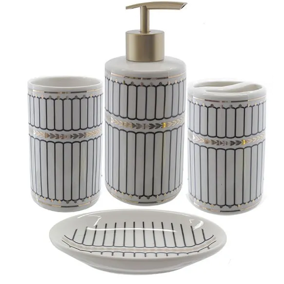 Set De Baño Pacific Club 4 Pzas Dispensador De Jabon Portacepillos Vaso Y Jabonera Blanco Y Dorado