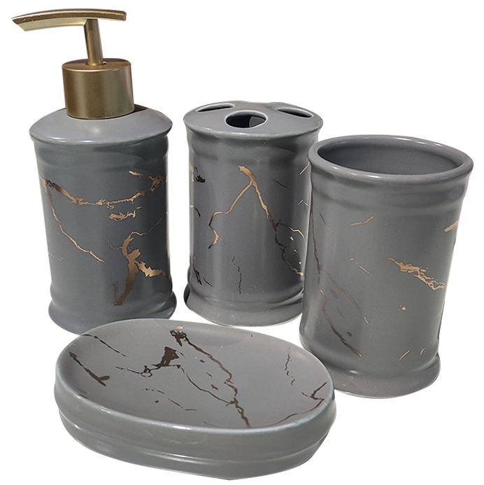 Set De Baño Pacific Club 4 Pzas Dispensador De Jabon Portacepillos Vaso Y Jabonera Gris Y Dorado
