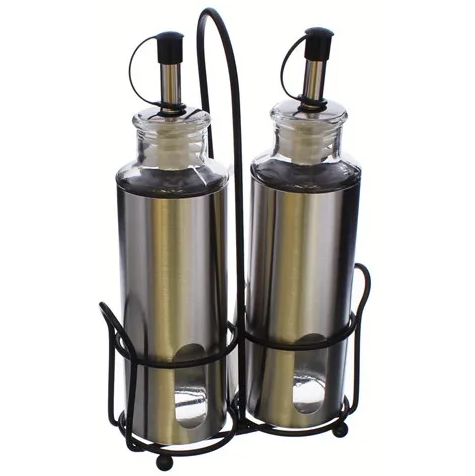 Set De Aceitera Y Vinagrera Life Art 150 Ml Con Soporte Metalico Plateado