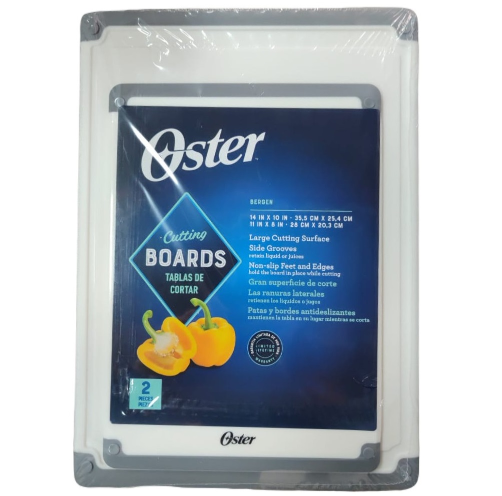 Set De Tablas Para Cortar Oster 2 Pzas De Plastico Con Borde Antidelizante Blanco Y Gris
