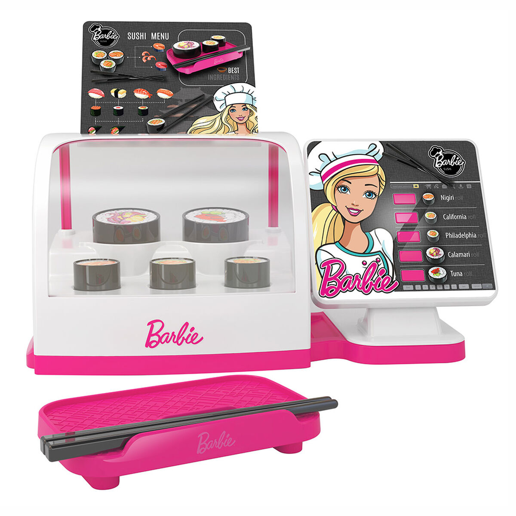Tienda De Sushi Barbie Con Caja Registradora Exhibidor Bandeja Para Sushi Y Acc Rosado