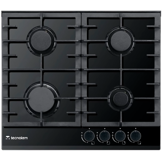 Tope A Gas 60 Cm Tecnolam Nero Con Perillas Adaptador De Wok Valvula De Seguridad Vidrio Templado Negro