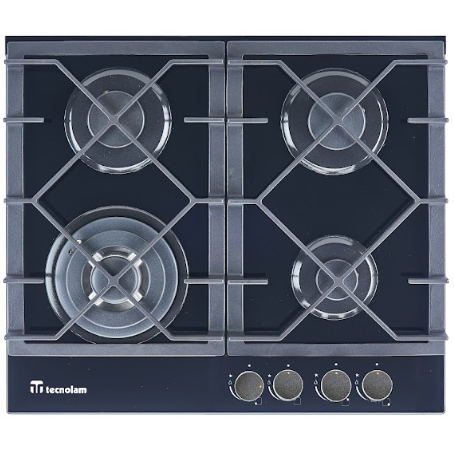 Tope A Gas 60 Cm Tecnolam Vetro Con Perillas Valvula De Seguridad Vidrio Templado Negro Y Plateado