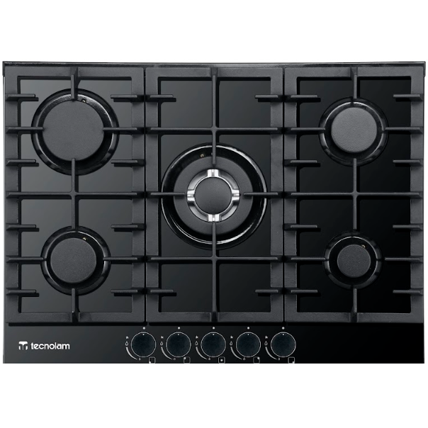 Tope A Gas 70 Cm Tecnolam Nero Con Perillas Adaptador De Wok Valvula De Seguridad Vidrio Templado Negro