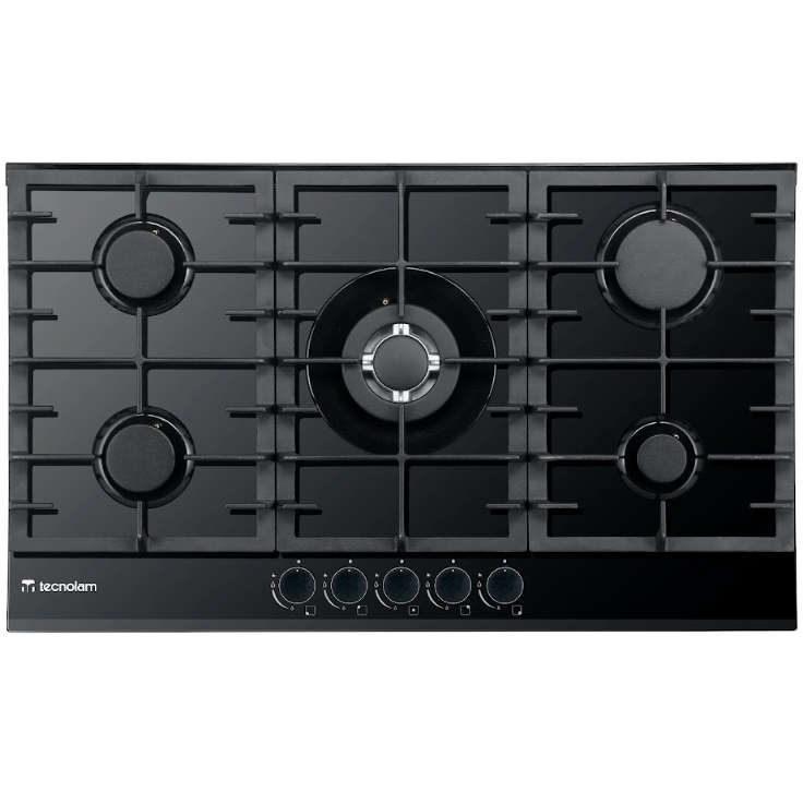 Tope A Gas 90 Cm Tecnolam Nero Con Perillas Adaptador De Wok Valvula De Seguridad Vidrio Templado Negro