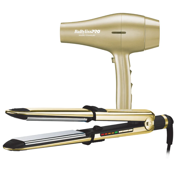 Combo Babyliss Pro Nano Titanium Plancha Ionica 32 Mm 1 1/4" 465°F Y Secador 2000W Dorado