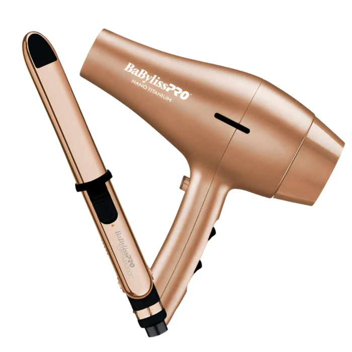 Combo Babyliss Pro Nano Titanium Plancha Ionica 32 Mm 1 1/4" 465°F Y Secador 2000W Dorado Rosa