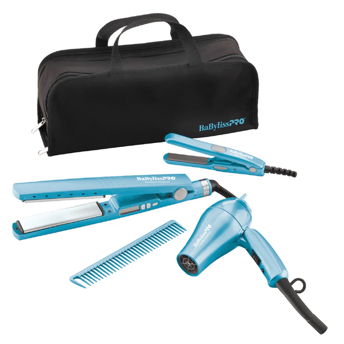 Combo Babyliss Pro Viajero Nano Titanium Plancha 1 1/4" 450°F Mini Plancha 1/2" 430°F Y Secador De Viaje 1100W Azul