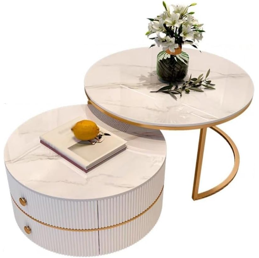 Mesa De Centro 80 Y 60 Cm 2 Pzas Blanco Y Dorado