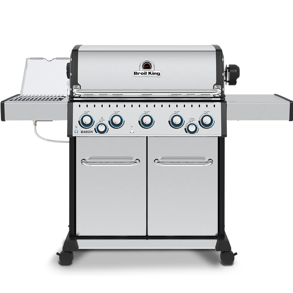 Parrillera A Gas Broil King 5 Quemadores Con Luces Perillas Ruedas Estantes Acero Y Negro