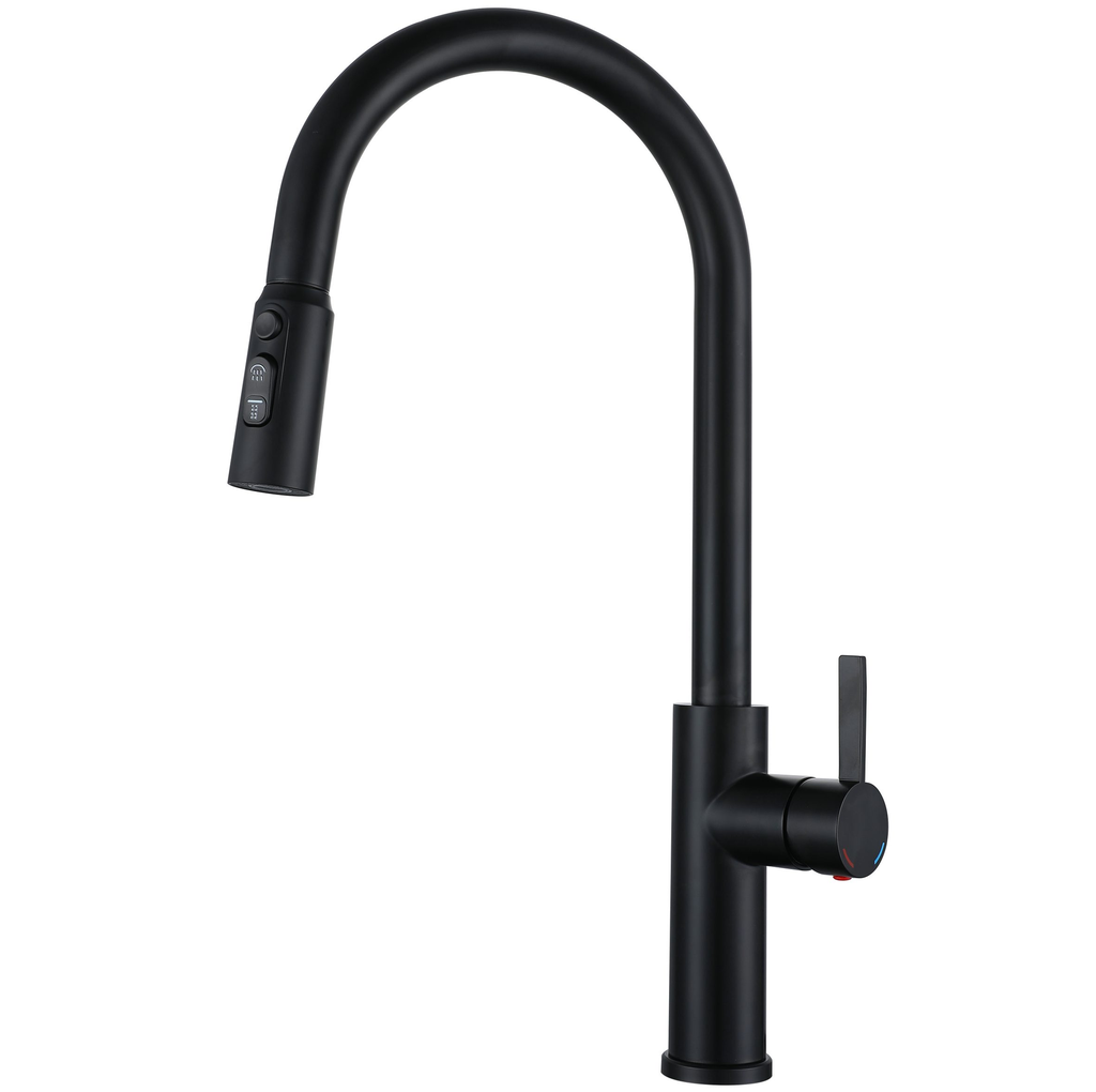 Grifo Gasco Monomando Manquera Extraible Cuello Giratorio Acero Negro