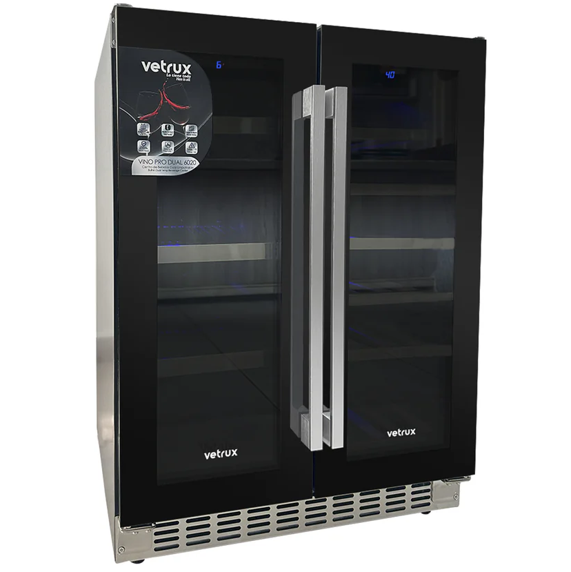 Centro De Bebidas Vetrux 60 Cm 60 Latas/20 Botellas Doble Zona Luz LED Negro Y Acero