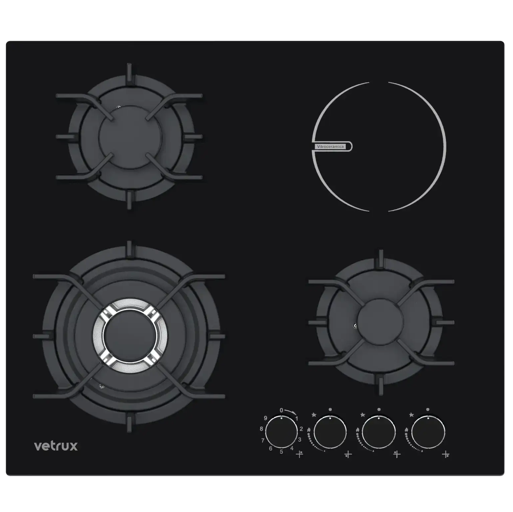 Tope Mixto 60 Cm Vetrux Con Perillas Y Encendido Electrico Negro