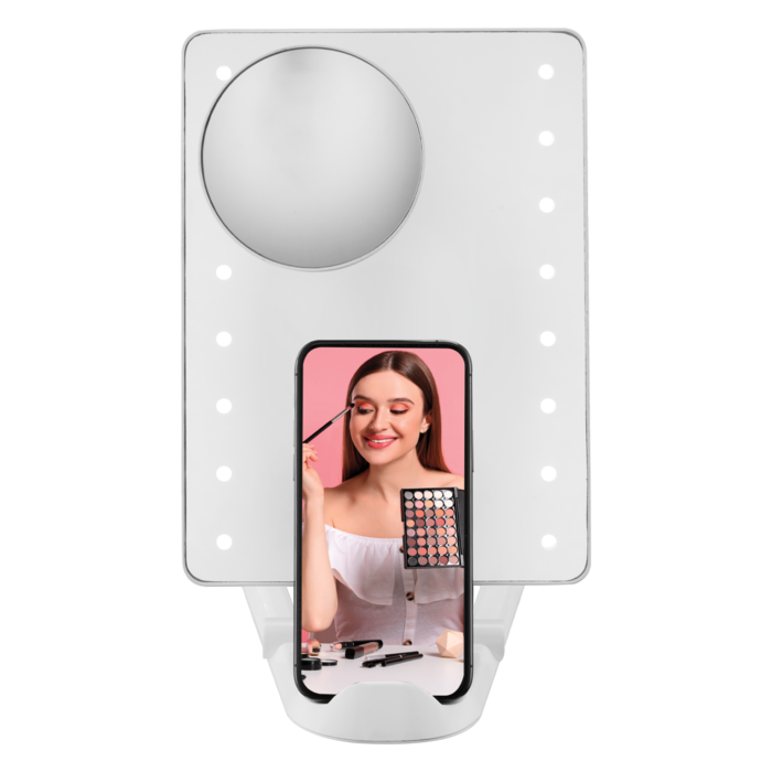 Espejo Conair Reflections De Mesa Espejo De Aumento Integrado Soporte Para Telefono Luz LED Aumento 1X/10X Blanco