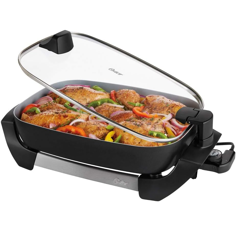 Sarten Electrico Oster 41X31 Cm De Ceramica Con infusion De Titanio Control Removible Tapa De Vidrio 1500W Negro