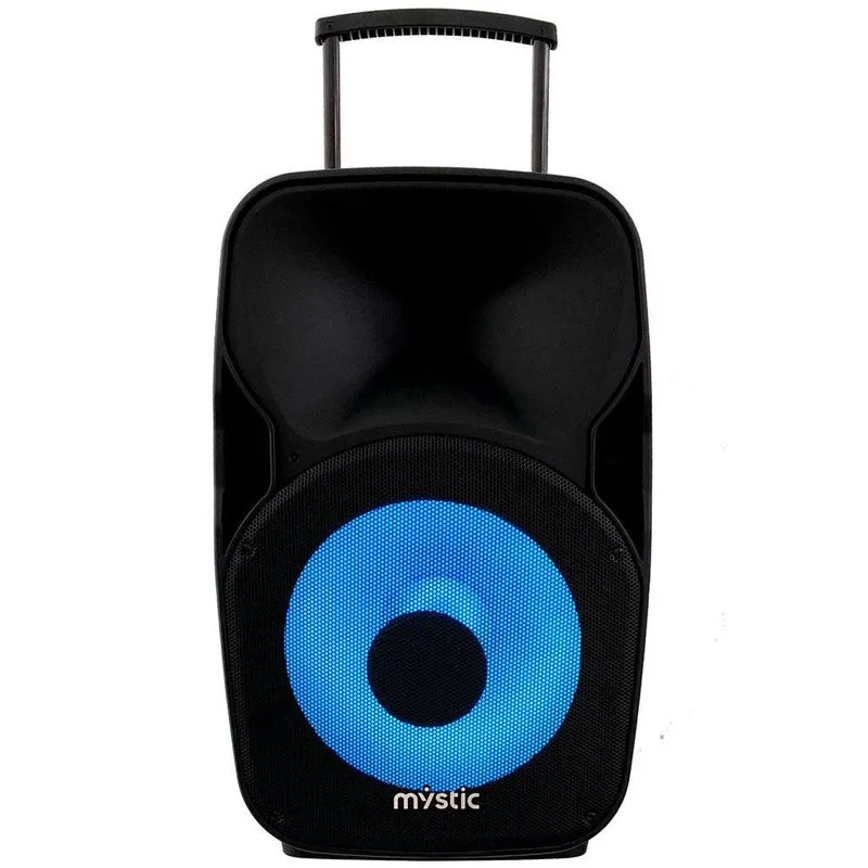 Corneta Mystic Recargable Con Bluetooth Luces LED Usb Sd Mp3 Microfono Y Ruedas 120W RMS Negro