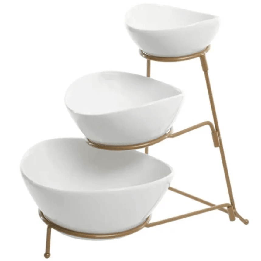Juego De Bowls Gibson Home 4 Pzas 3 Niveles Con Soporte Metalico De Ceramica Blanco