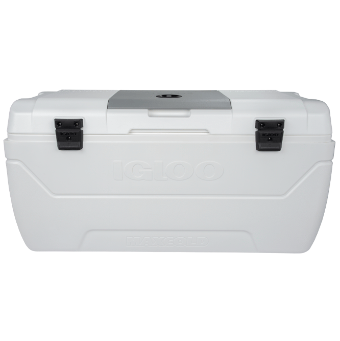 Cava Igloo MaxCold 156 Lts 165 Qt Con Asas Y Tapa De Acceso Rapido Blanco Y Gris