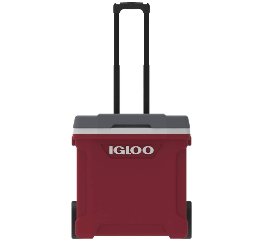 Cava Igloo Latitude Roller 56 Lts 60 Qt Con Ruedas Asa Telescopica Y Portavasos Rojo Y Gris