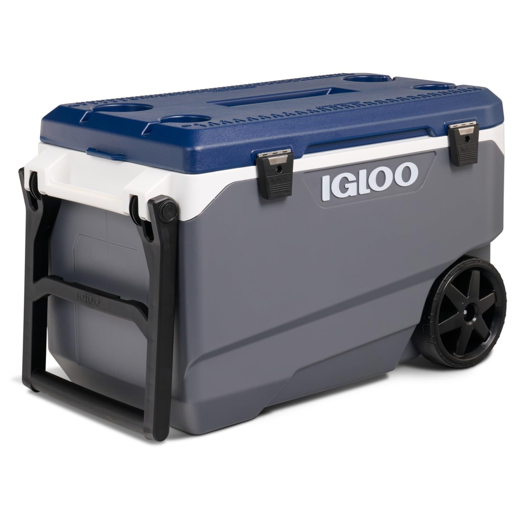 Cava Igloo MaxCold Latitude Roller 85 Lts 90 Qt Con Ruedas Asas Y Portavasos Gris Oscuro Y Azul