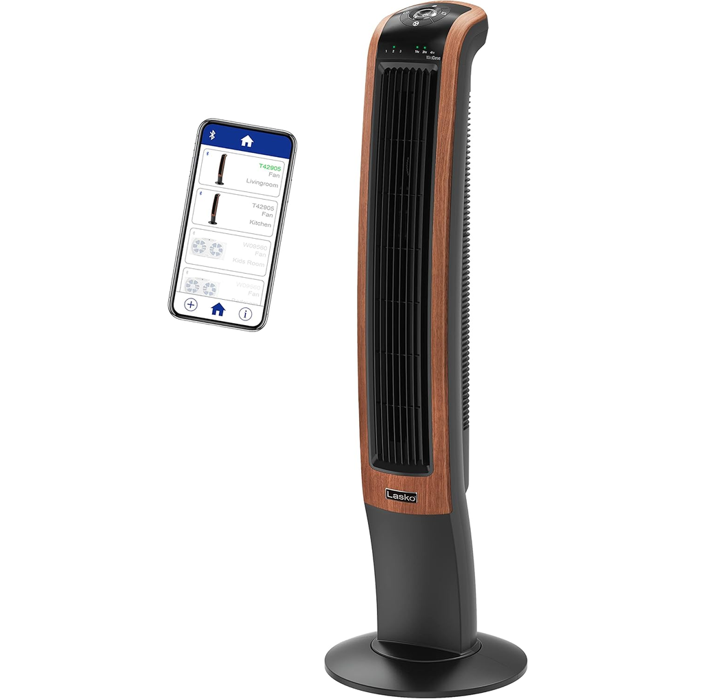 Ventilador De Torre Lasko 107 Cm 3 Vel Oscilante Con Bluetooth Apagado Automatico Negro Y Marron