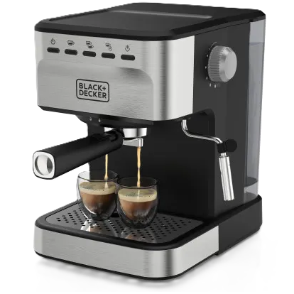 Cafetera Expreso Black+Decker 20 Bares Dual De Capsulas Y Molido Con Espumador Negro Y Plateado