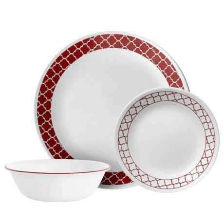 Juego De Vajilla Corelle Classics 12 Pzas Crimson Trellis De Vidrio Blanco Y Rojo