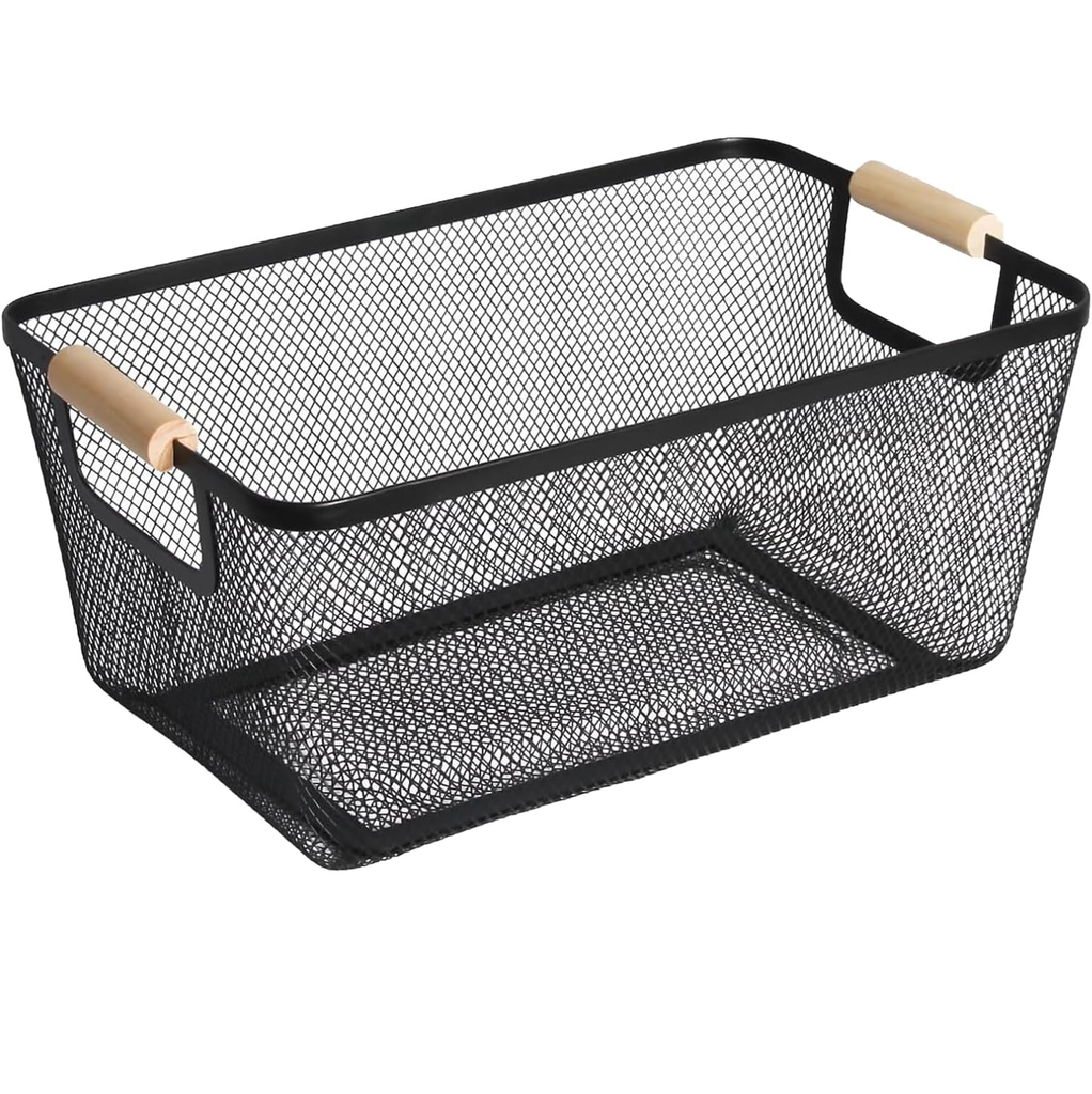 Cesta De Almacenamiento Whitmor Pequeña De Malla Metalica Con Asas De Madera Negro