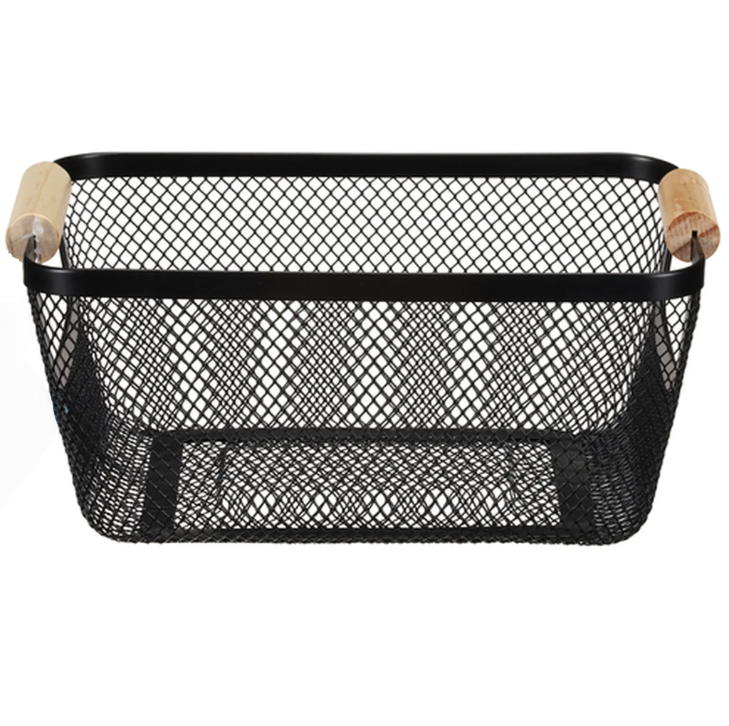 Cesta De Almacenamiento Whitmor De Malla Metalica Con Asas De Madera Negro