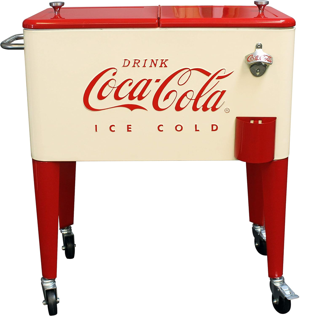 Cava CocaCola 57 Lts 60 Qt Para Exteriores Con Ruedas Asas Abridor De Botellas Y Colector De Tapas Beige Y Rojo