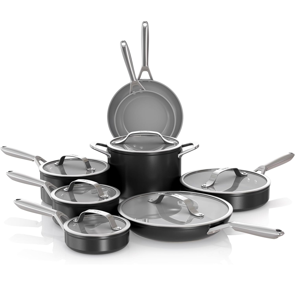 Juego De Ollas Ninja NeverStick Ceramic Pro 14 Pzas Antiadherente De Induccion Negro Y Gris