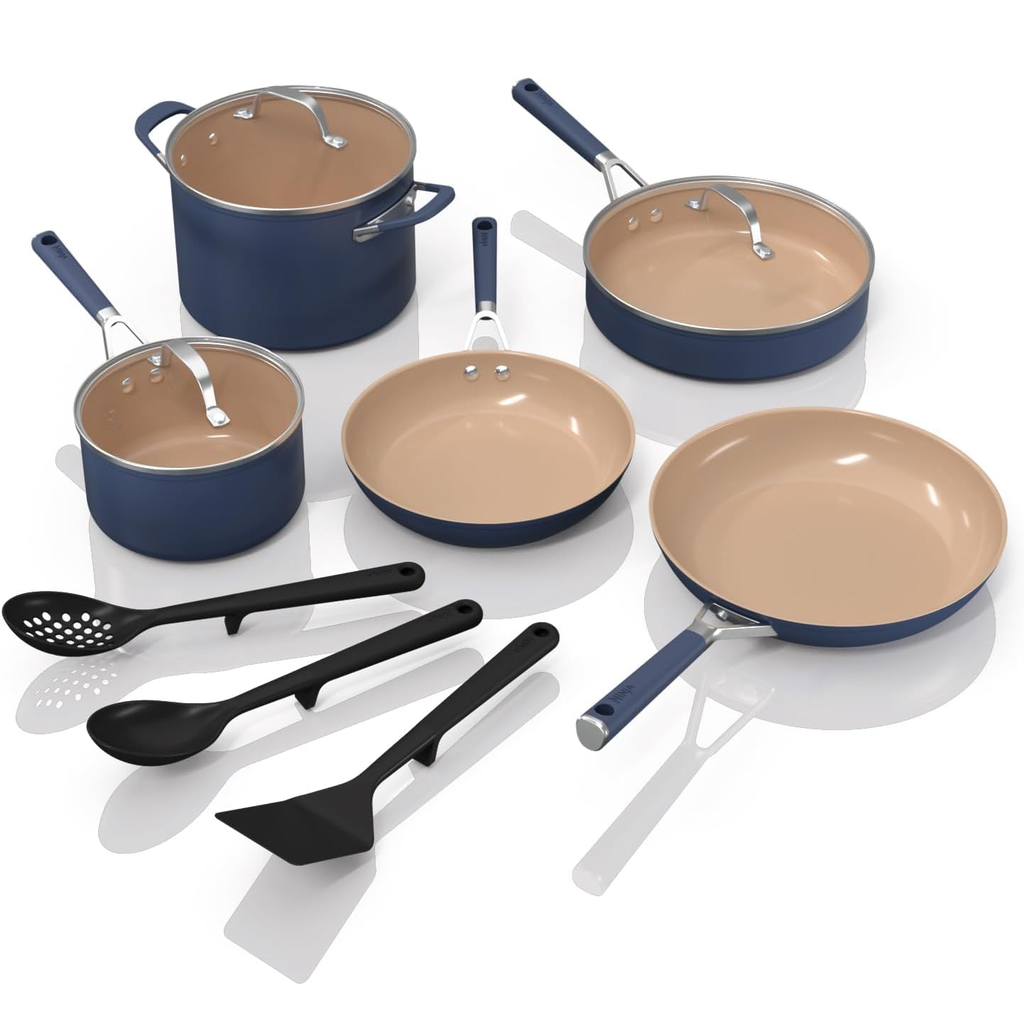 Juego De Ollas Y Utensilios Ninja Extended Life 11 Pzas Antiadherente De Ceramica Azul Y Beige