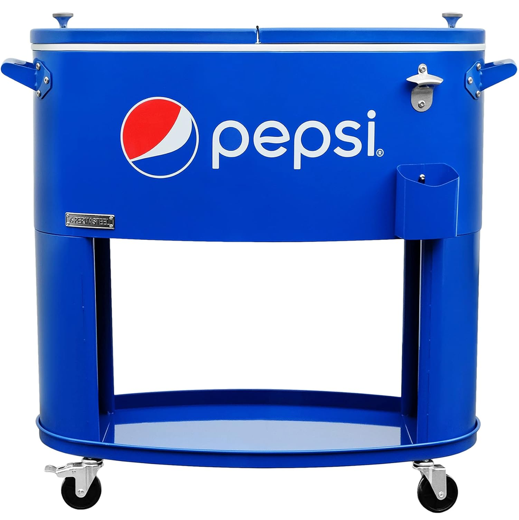 Cava Permasteel 75 Lts 80 Qt Logo Pepsi Para Exteriores Con Ruedas Asas Abridor De Botellas Y Estante Azul