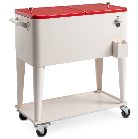 Cava Vingli 75 Lts 80 Qt Para Exteriores Con Ruedas Asas Abridor De Botellas Tapon De Drenaje Y Estante Blanco Y Rojo