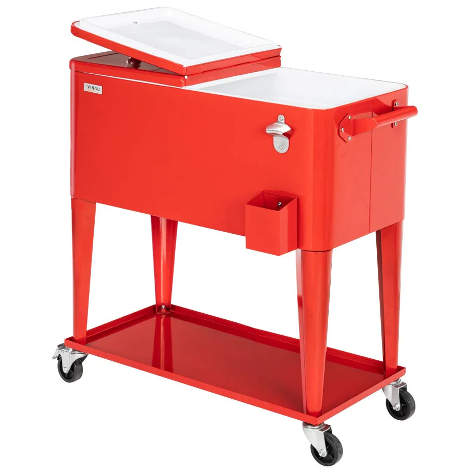 Cava Vingli 75 Lts 80 Qt Para Exteriores Con Ruedas Asas Abridor De Botellas Tapon De Drenaje Y Estante Rojo