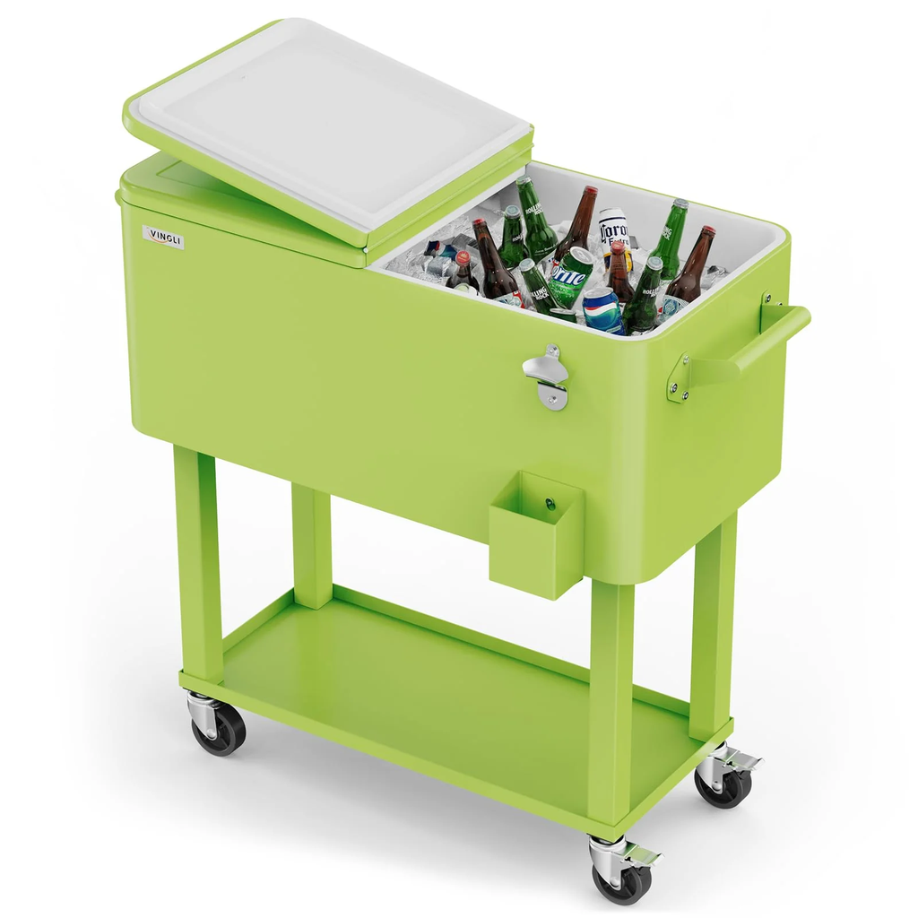 Cava Vingli 75 Lts 80 Qt Para Exteriores Con Ruedas Asas Abridor De Botellas Tapon De Drenaje Y Estante Verde