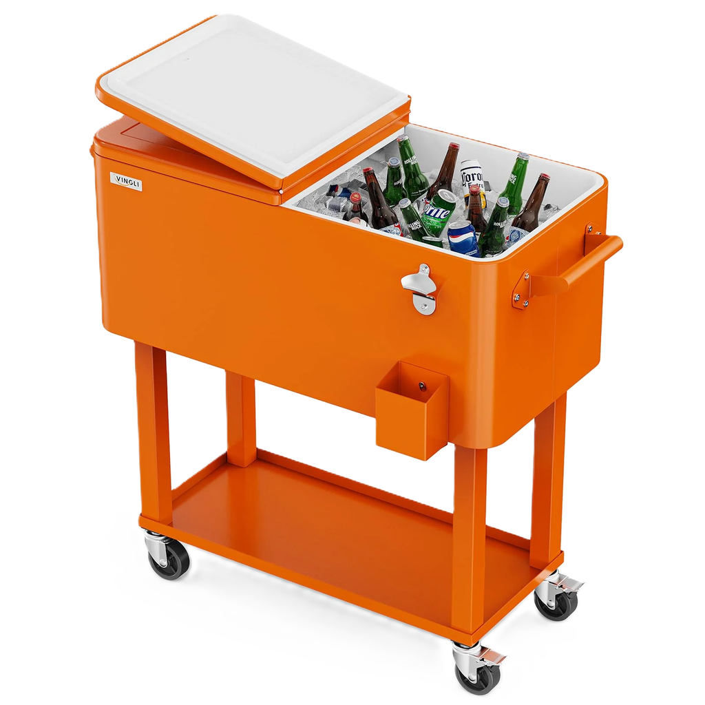 Cava Vingli 75 Lts 80 Qt Para Exteriores Con Ruedas Asas Abridor De Botellas Tapon De Drenaje Y Estante Naranja