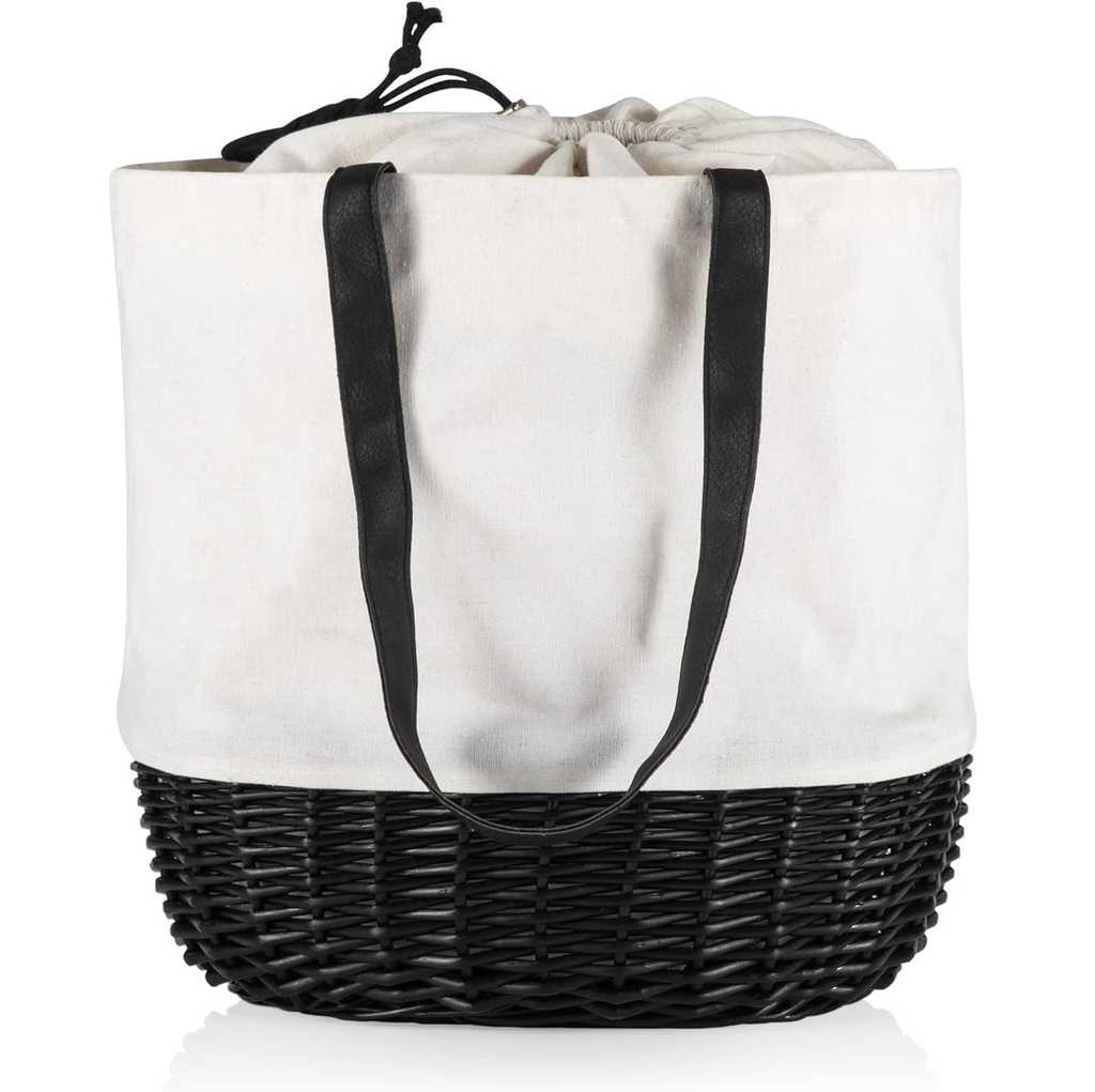 Bolso De Playa Picnic Time De Lona Y Tejido De Mimbre 37X29X34 Cm Blanco Y Negro