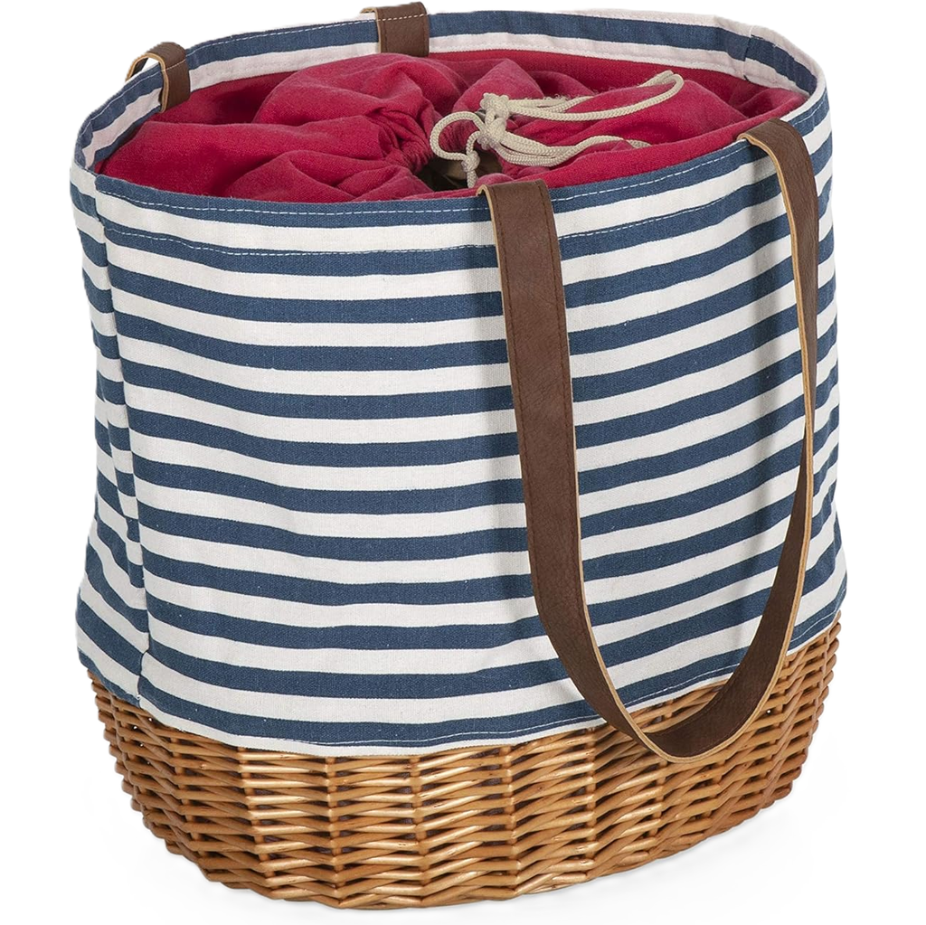 Bolso De Playa Picnic Time De Lona Con Rayas Y Tejido De Mimbre 36X28X33 Cm Azul Beige Y Maron