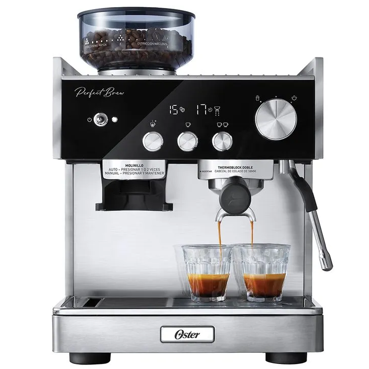 Cafetera Expreso Oster Perfect Brew Maxima 15 Bares Molino Ajustable Preinfusion Y Espumador Negro