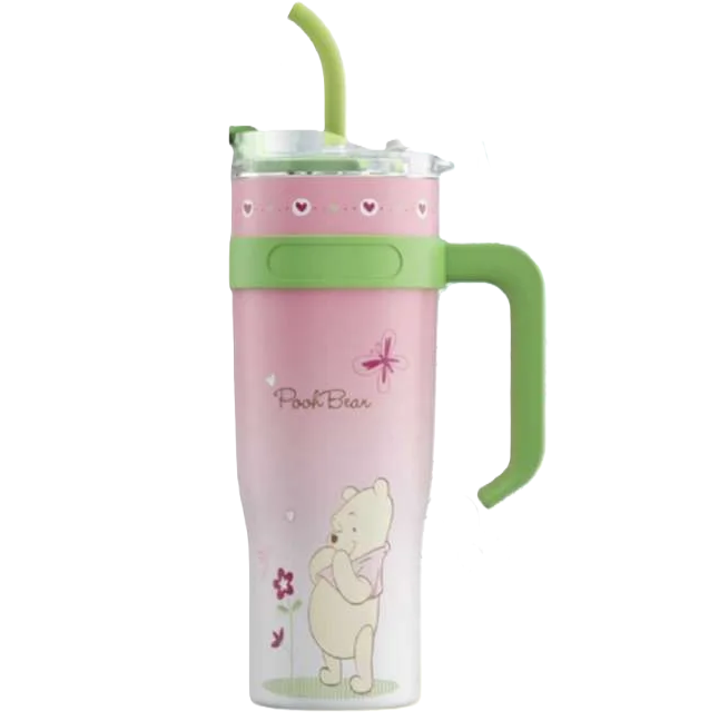 Termo Disney Winnie Pooh Con Asa Y Pitillo 1.2 Lts Rosado Y Verde