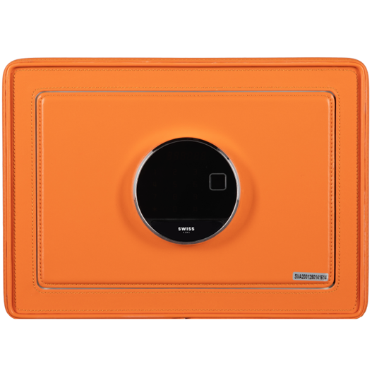 Caja Fuerte Swiss Home Digital 25x35x25 Cm Huella Dactilar Y Contraseña Con Estante Y Cajon De Cuero Naranja