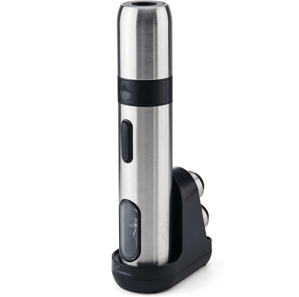 Abridor De Botellas Electrico Rabbit Recargable Con Base Cortador De Papel De Aluminio Y Conservador De Vino Acero