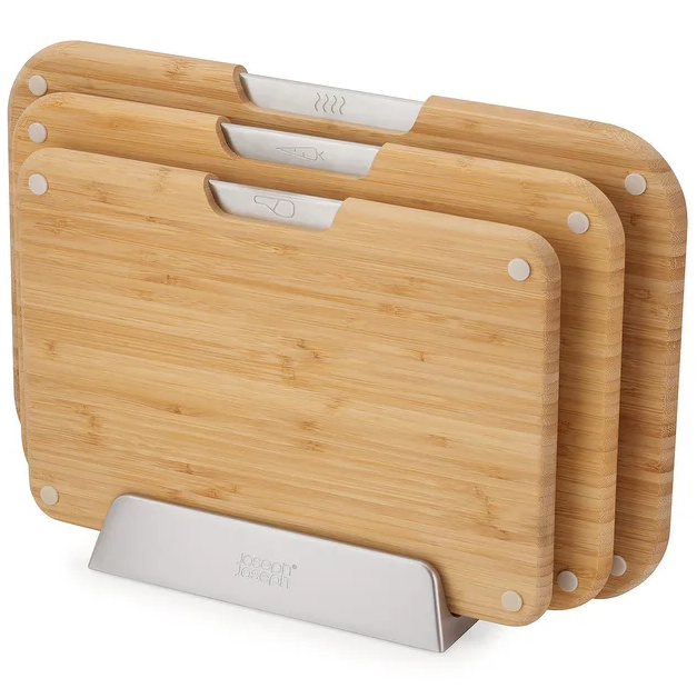 Set De Tablas Para Cortar Joseph Joseph 3 Pzas De Bambu Con Base Metalica Marron Y Plateado