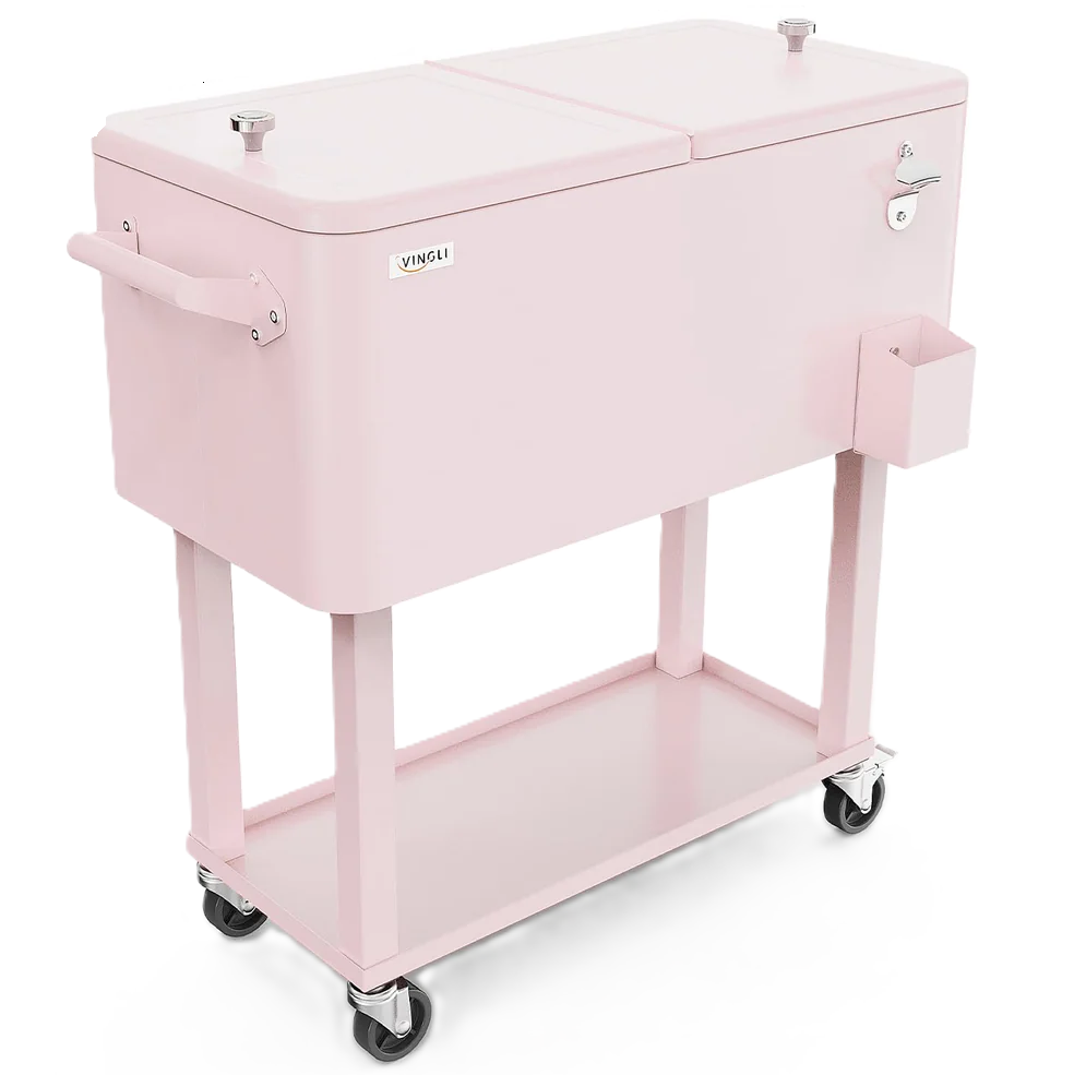 Cava Vingli 75 Lts 80 Qt Para Exteriores Con Ruedas Asas Abridor De Botellas Tapon De Drenaje Y Estante Rosado Claro