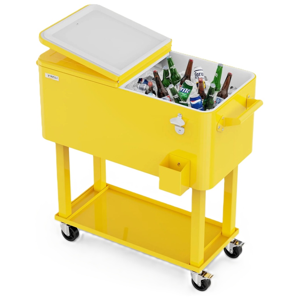 Cava Vingli 75 Lts 80 Qt Para Exteriores Con Ruedas Asas Abridor De Botellas Tapon De Drenaje Y Estante Amarillo