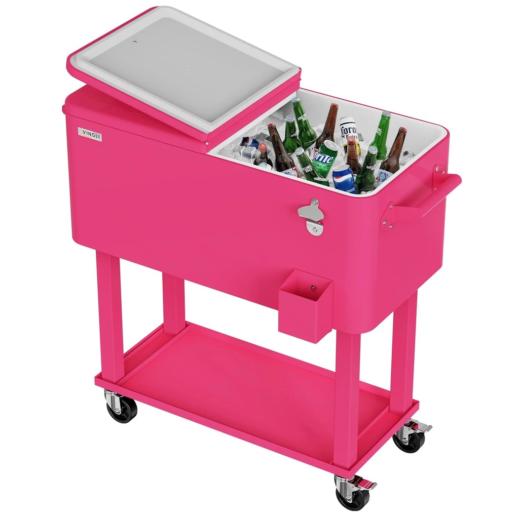 Cava Vingli 75 Lts 80 Qt Para Exteriores Con Ruedas Asas Abridor De Botellas Tapon De Drenaje Y Estante Fucsia