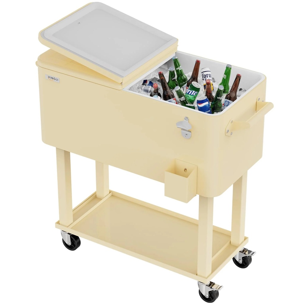 Cava Vingli 75 Lts 80 Qt Para Exteriores Con Ruedas Asas Abridor De Botellas Tapon De Drenaje Y Estante Beige
