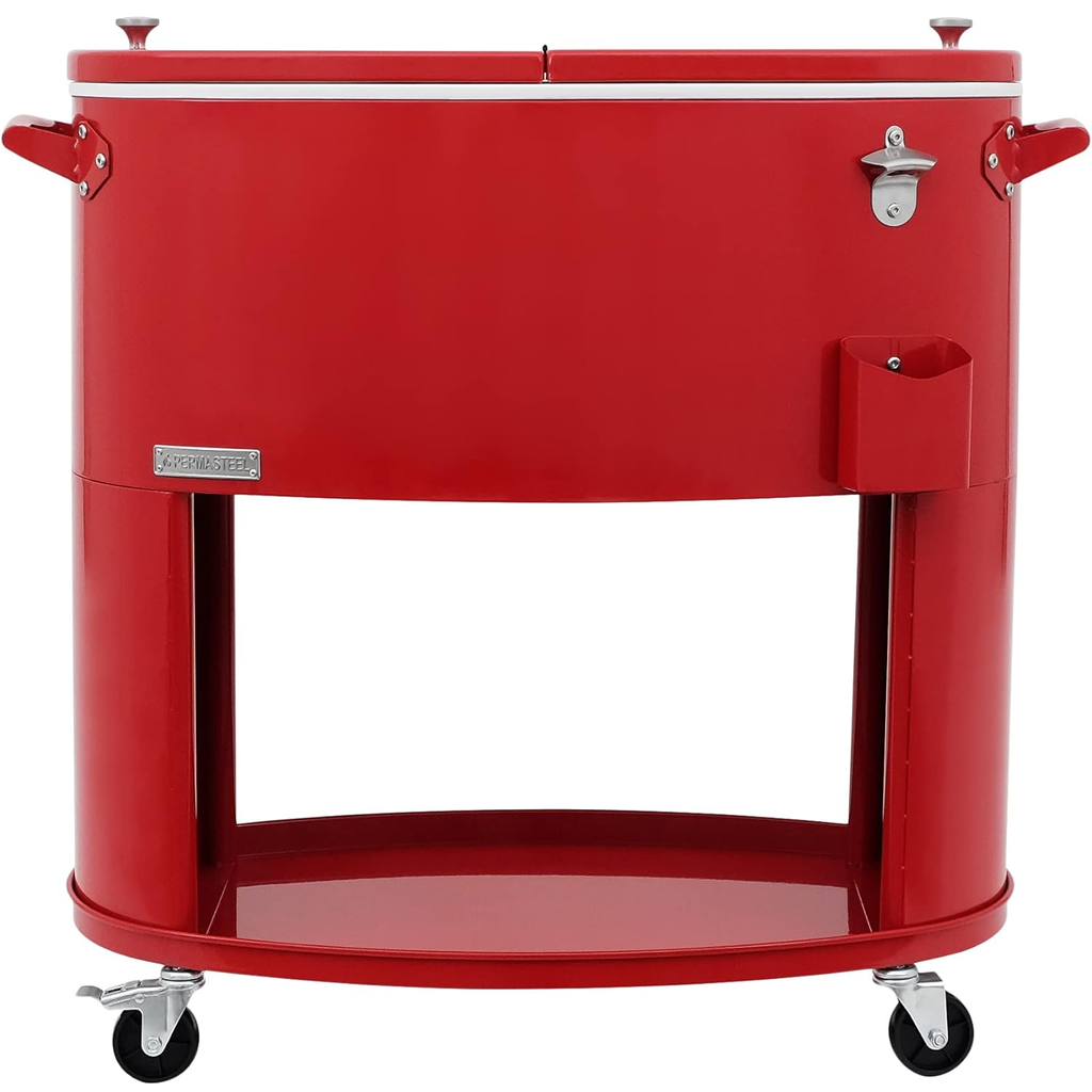 Cava Permasteel 75 Lts 80 Qt Para Exteriores Con Ruedas Asas Abridor De Botellas Tapon De Drenaje Y Estante Rojo